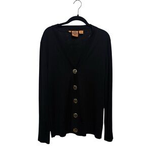 Tory Burch Black V-Neck Button Cardigan with Logo Buttons